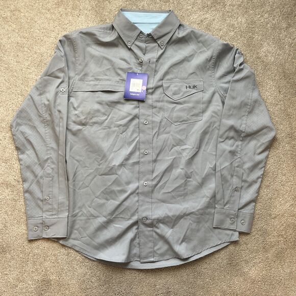 Huk Fishing Shirt Mens Small Tide Point Performance Gray Long Sleeve Button Down - Picture 1 of 6